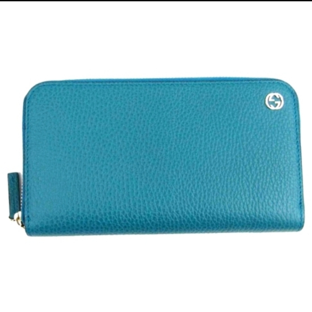 Authentic Gucci Cobalt Blue Turquoise GG Interlocking Leather Zip Around Wallet